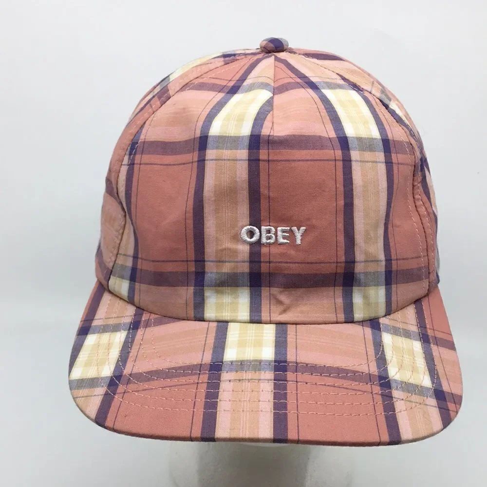 Obey Madras Salmon Pink Plaid Cotton Lightweight Baseball Hat Cap